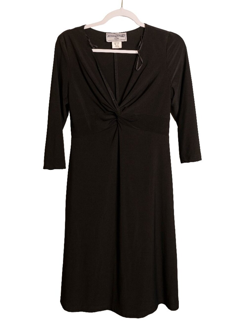 NWT Vintage Jessica Howard Black Stretchy Knotted 3/4 Sleeve Dress - Size 10P